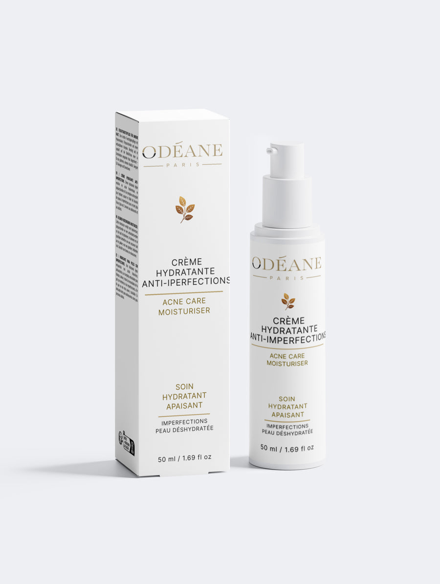 Crème Hydratante Anti-imperfections ODÉANE, flacon-pompe et étui de 50 ml sur fond gris clair.