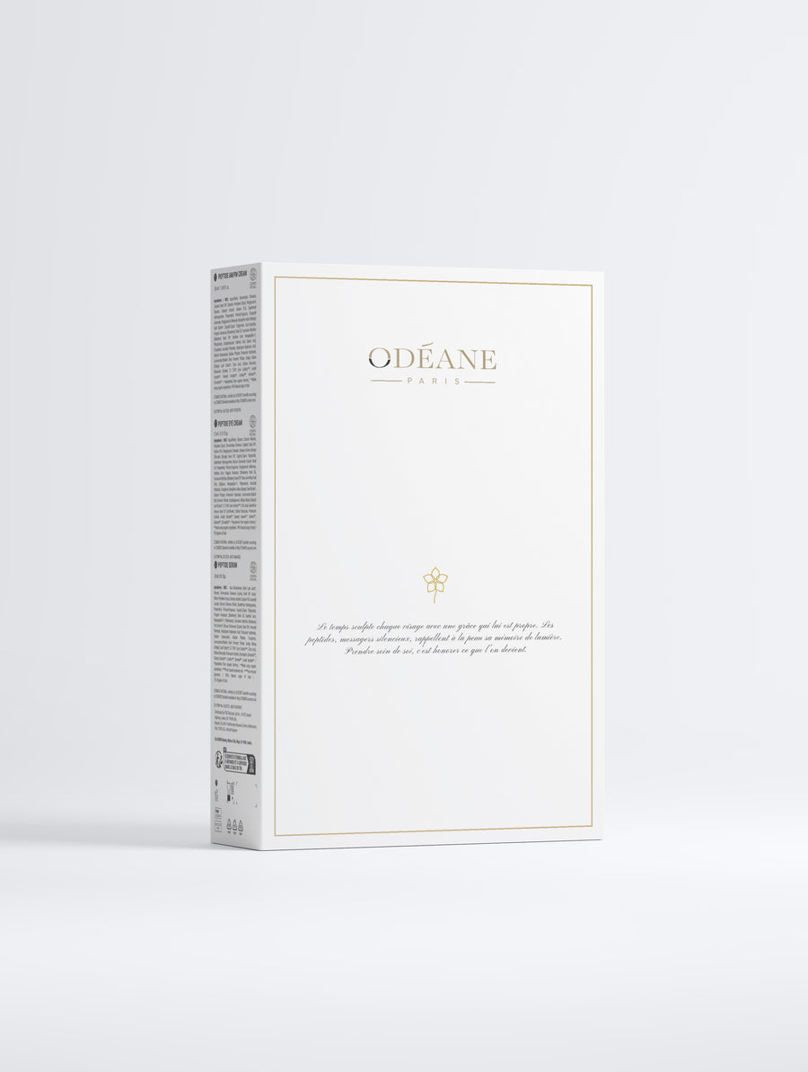 Dos de la boîte du Coffret Anti-Âge ODÉANE, avec panneau latéral de textes visible sur fond gris clair.