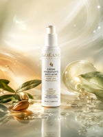 Flacon de crème hydratante ODÉANE portant la mention Anti-acné, 50 ml, entouré de noix, de feuilles et de gouttes sur fond doré.