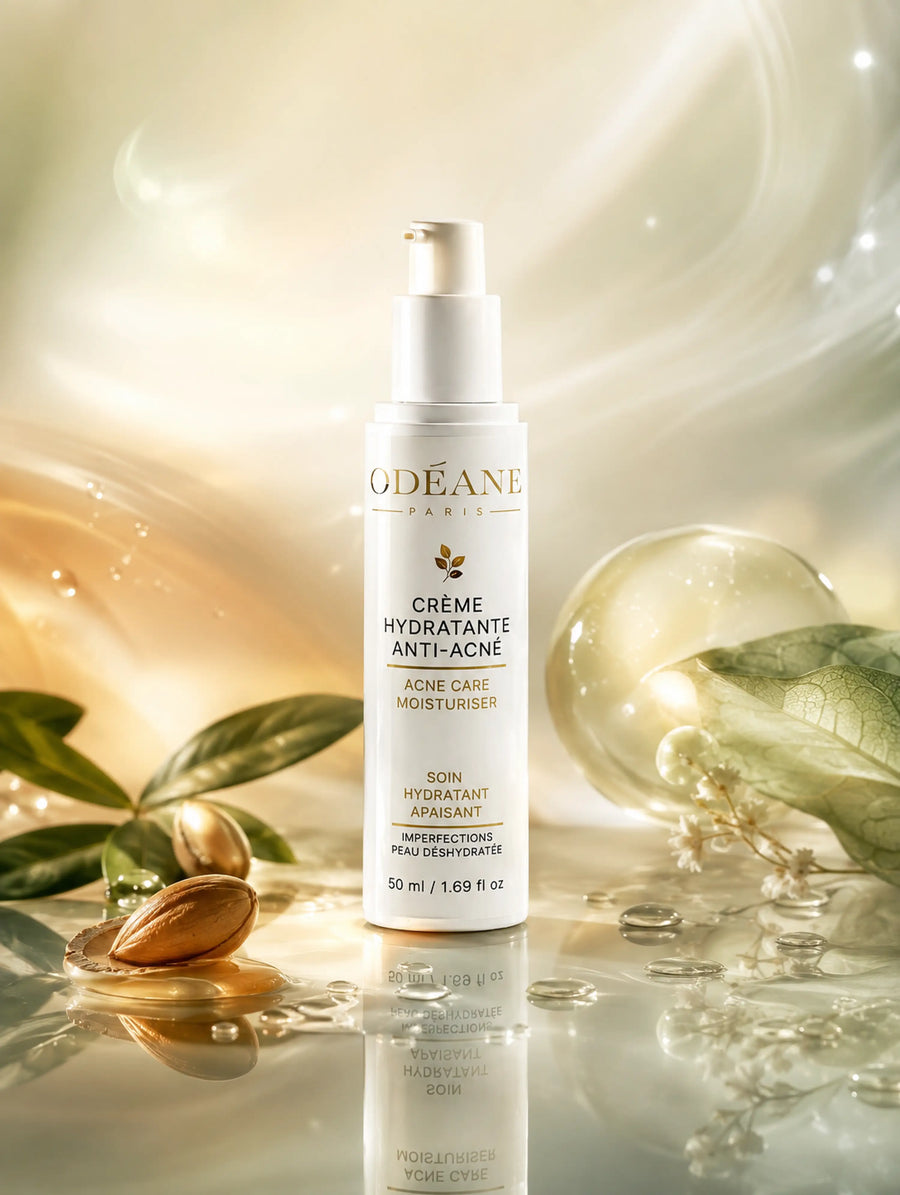 Flacon de crème hydratante ODÉANE portant la mention Anti-acné, 50 ml, entouré de noix, de feuilles et de gouttes sur fond doré.