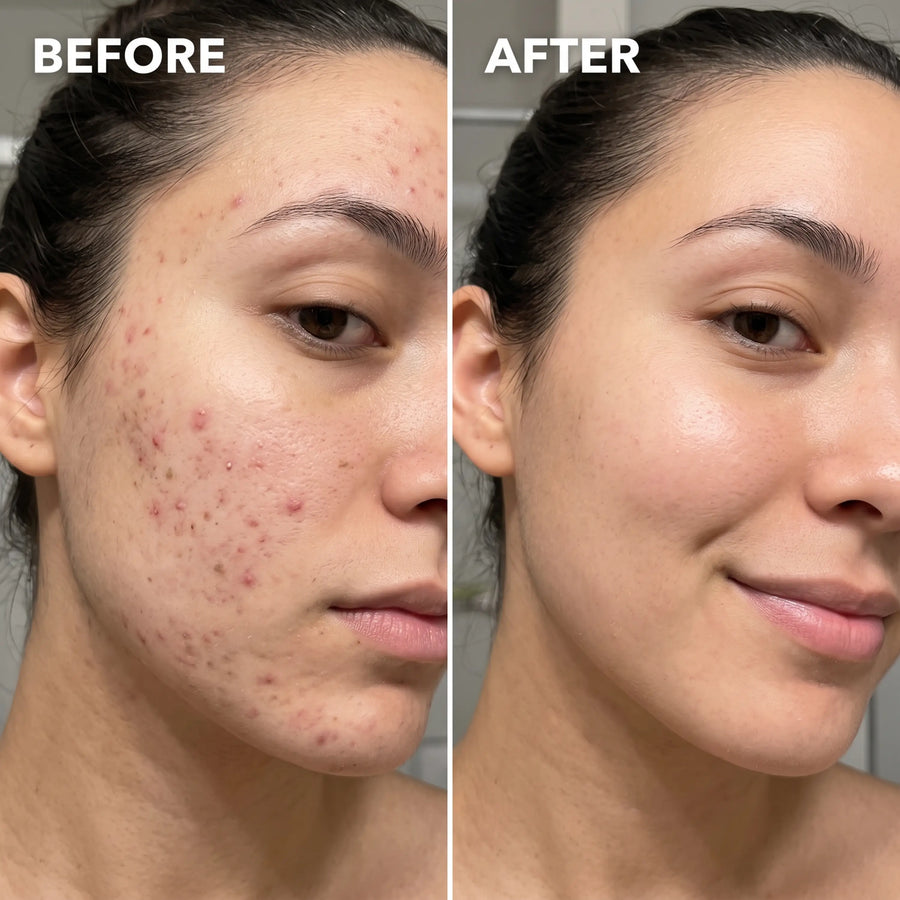 Comparatif rapproché de visages féminins légendés before et after, présentant des différences d'aspect des imperfections de la joue.