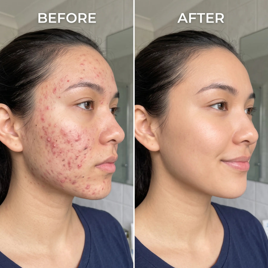 Comparatif de profils féminins légendés before et after, présentant des différences d'aspect des imperfections de la joue et du front.