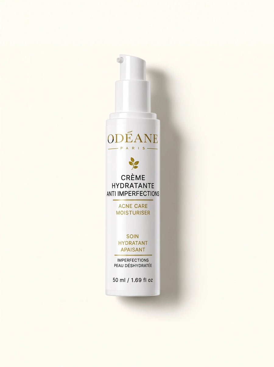Flacon-pompe blanc de Crème Hydratante Anti-imperfections ODÉANE, 50 ml, vu de face sur fond clair.