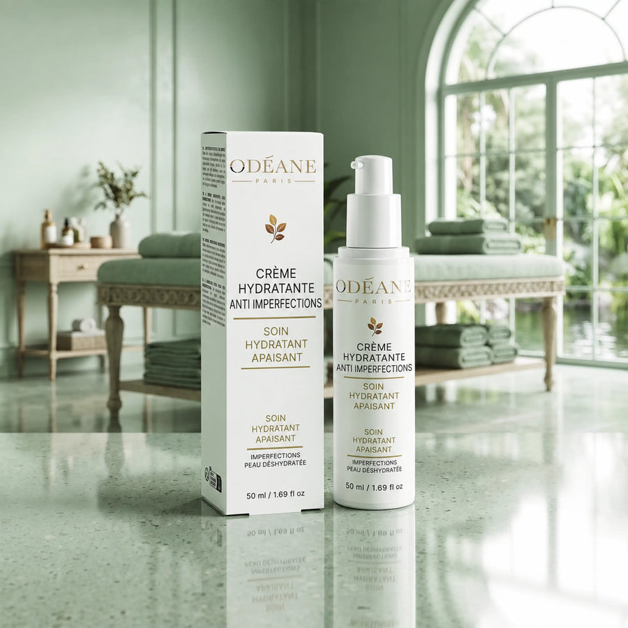 Crème Hydratante Anti-imperfections ODÉANE, flacon et étui de 50 ml sur un plan de pierre dans une pièce de soin aux tons verts.