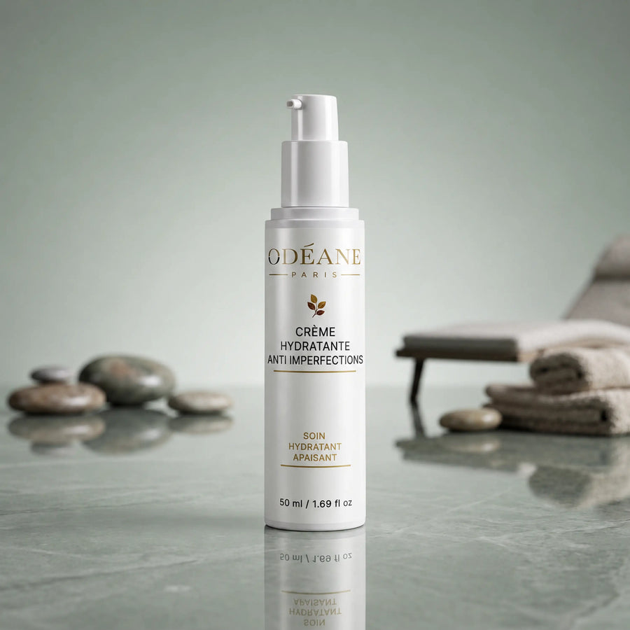 Crème Hydratante Anti-imperfections ODÉANE, 50 ml, sur un plan de pierre réfléchissant, près de galets et de serviettes sur fond vert pâle.
