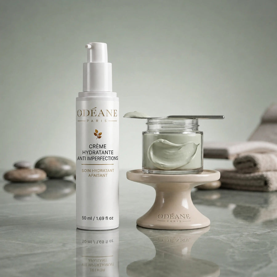 Crème Hydratante Anti-imperfections ODÉANE, 50 ml, près d'un pot de crème blanche et d'une spatule, avec galets et serviettes sur fond vert pâle.