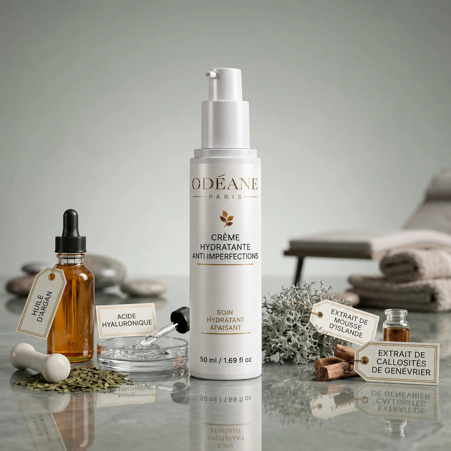 Crème Anti-imperfections ODÉANE, 50 ml, avec éléments légendés huile d'argan, acide hyaluronique, extrait de mousse d'Islande et extrait de callosités de genévrier.