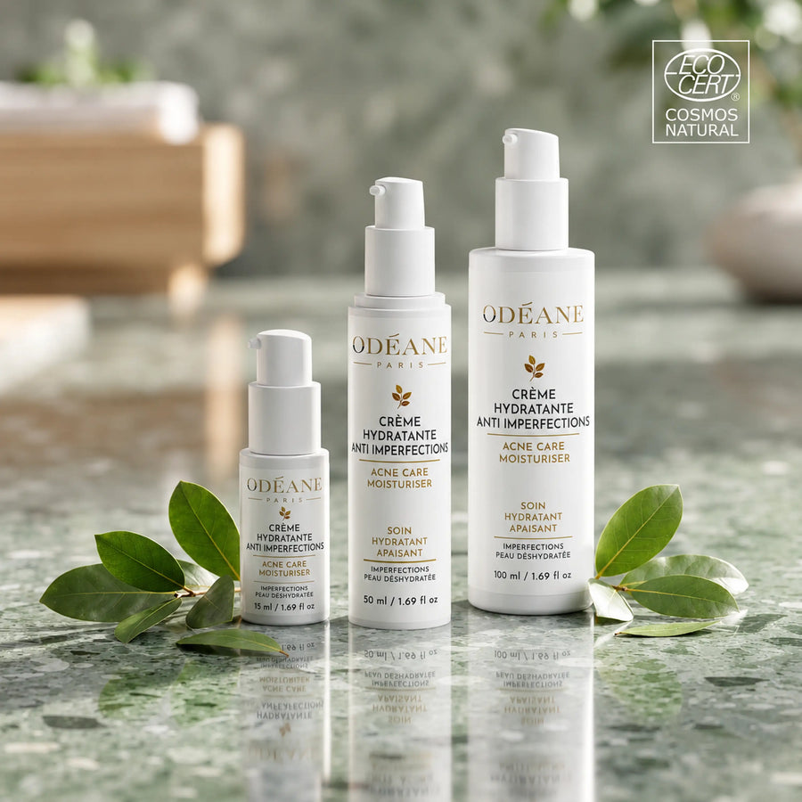 Trois flacons de crème Anti-imperfections ODÉANE de tailles différentes, entourés de feuilles, avec logo ECOCERT COSMOS NATURAL en haut à droite.