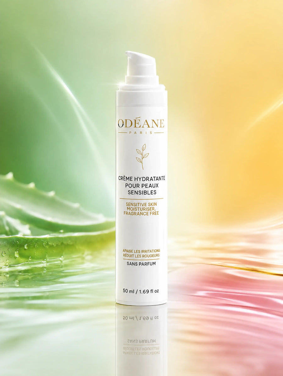 Crème Hydratante Peaux Sensibles ODÉANE, 50 ml, près d'aloès sur une surface réfléchissante et un fond vert, rose et doré.