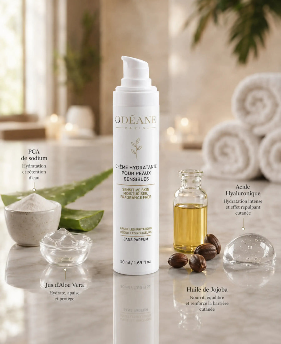 Crème Peaux Sensibles ODÉANE avec éléments légendés PCA de sodium, jus d'aloe vera, acide hyaluronique et huile de jojoba.