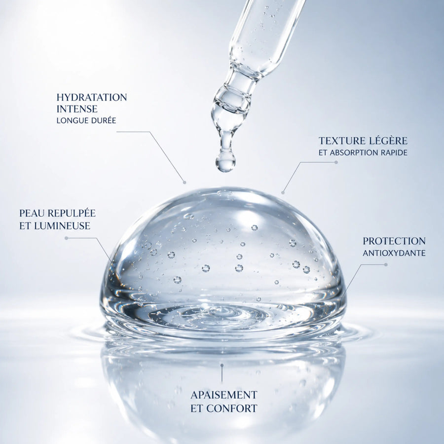 Goutte transparente sous une pipette, avec textes annonçant hydratation, peau repulpée, absorption rapide, protection antioxydante et apaisement.