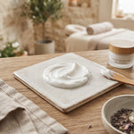 Texture blanche de crème sur une plaque de céramique, près d'une spatule et d'un pot portant la mention Velvet Moisture.