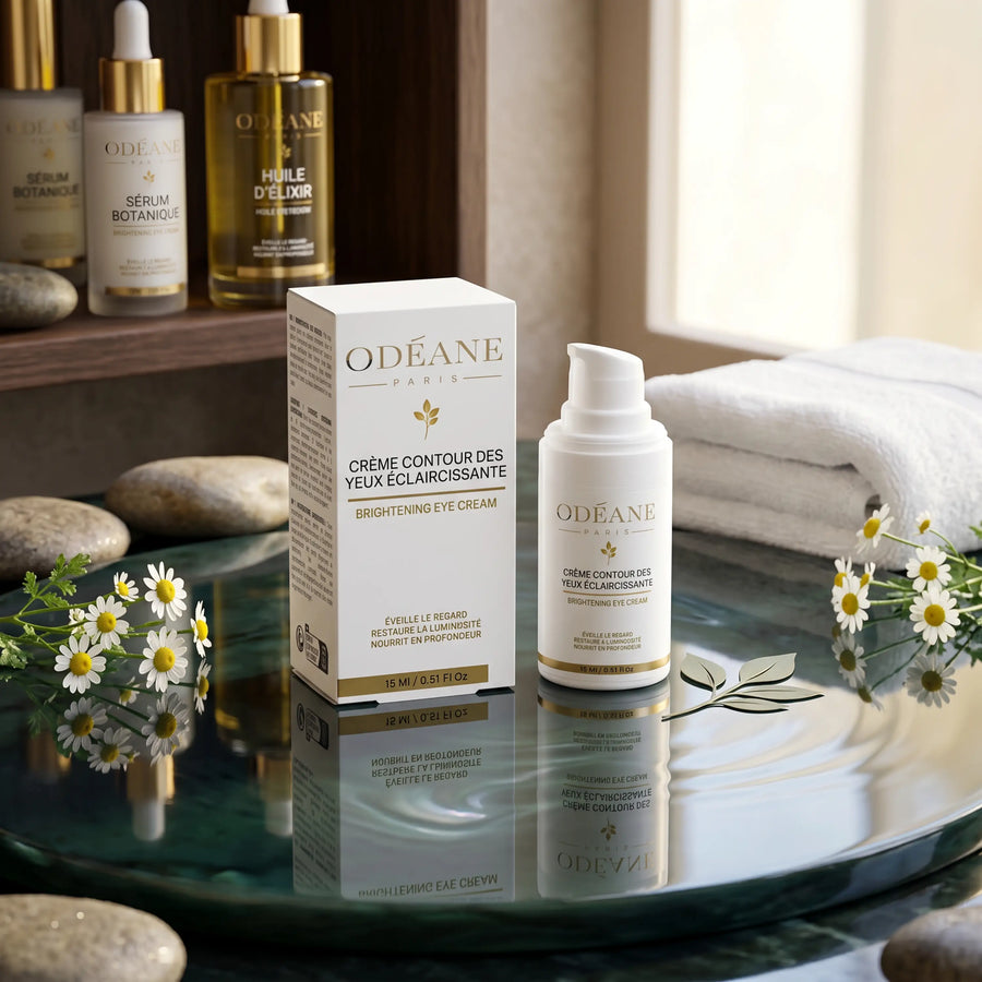 Crème Yeux Éclat ODÉANE, flacon et étui de 15 ml près de serviettes, galets et fleurs blanches dans une salle de bains.