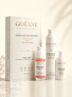 Coffret Anti-Âge ODÉANE avec trois soins aux peptides alignés devant la boîte sur une surface claire.