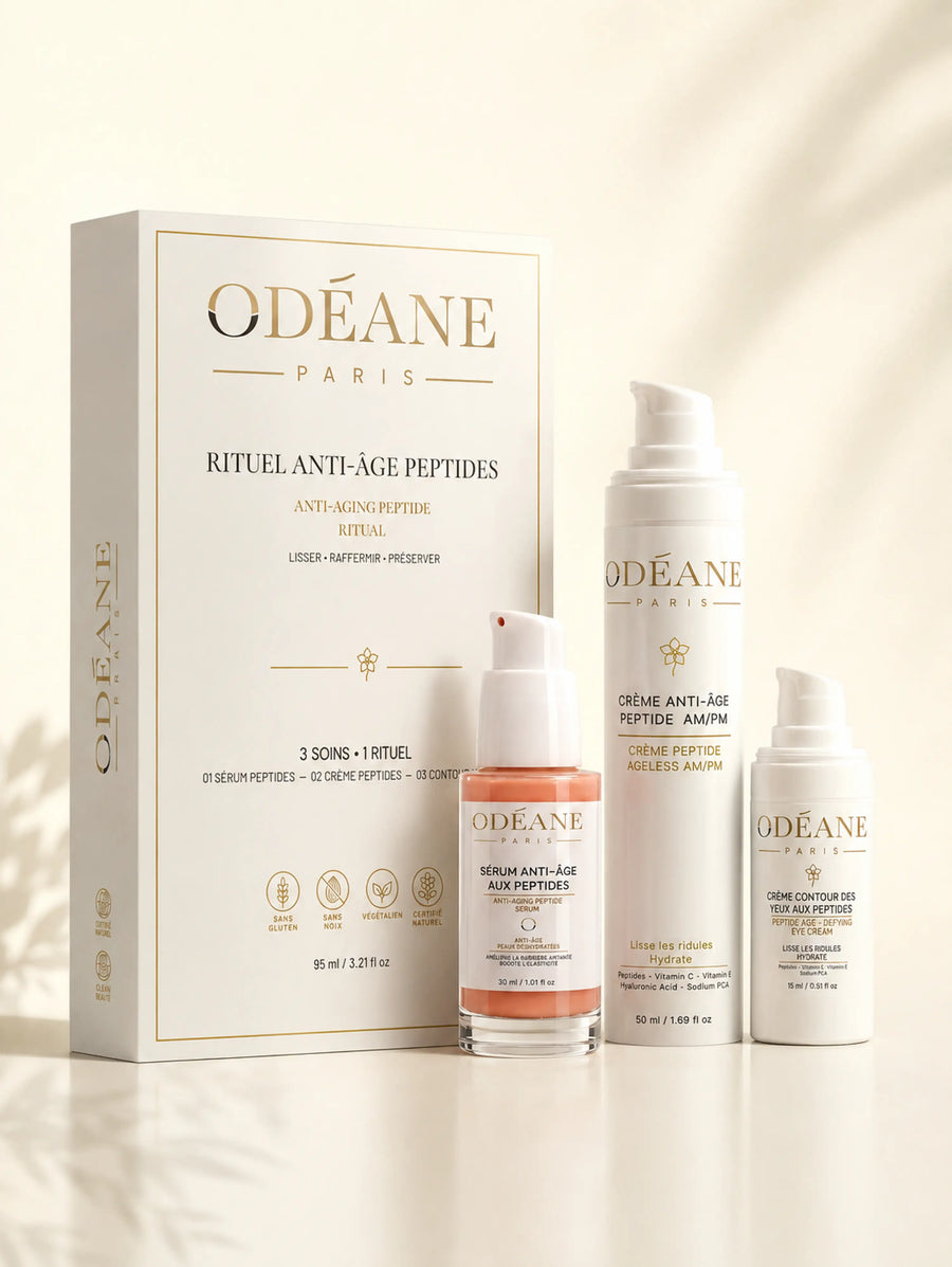 Coffret Anti-Âge ODÉANE avec trois soins aux peptides alignés devant la boîte sur une surface claire.