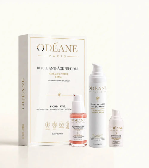 Coffret Anti-Âge ODÉANE avec boîte, sérum aux peptides, crème Peptides AM/PM et crème contour des yeux aux peptides sur fond clair.