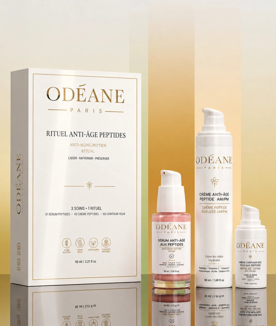 Coffret Anti-Âge ODÉANE et trois soins aux peptides sur une surface réfléchissante et un fond géométrique doré.