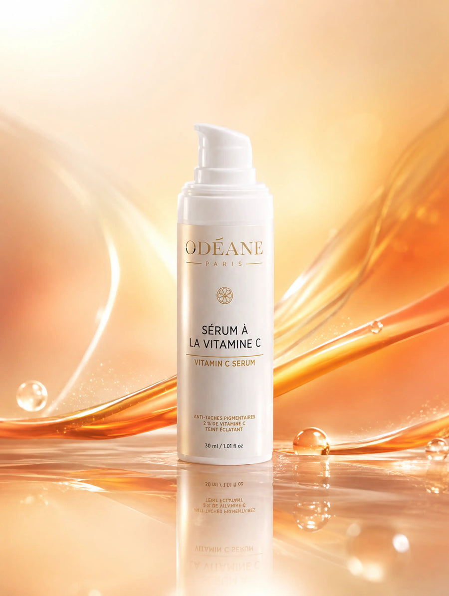 Flacon blanc de Sérum à la Vitamine C ODÉANE, 30 ml, sur fond orangé et surface réfléchissante avec gouttes.