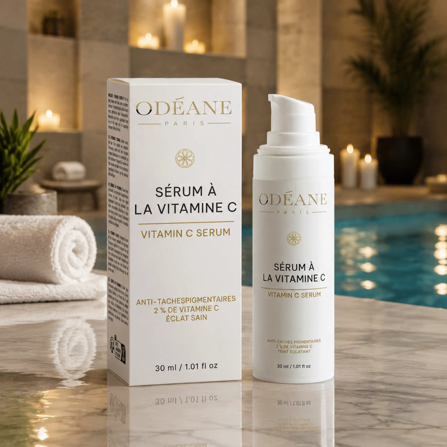 Sérum à la vitamine C ODÉANE, flacon et étui de 30 ml près de serviettes et d'un bassin éclairé à la bougie.