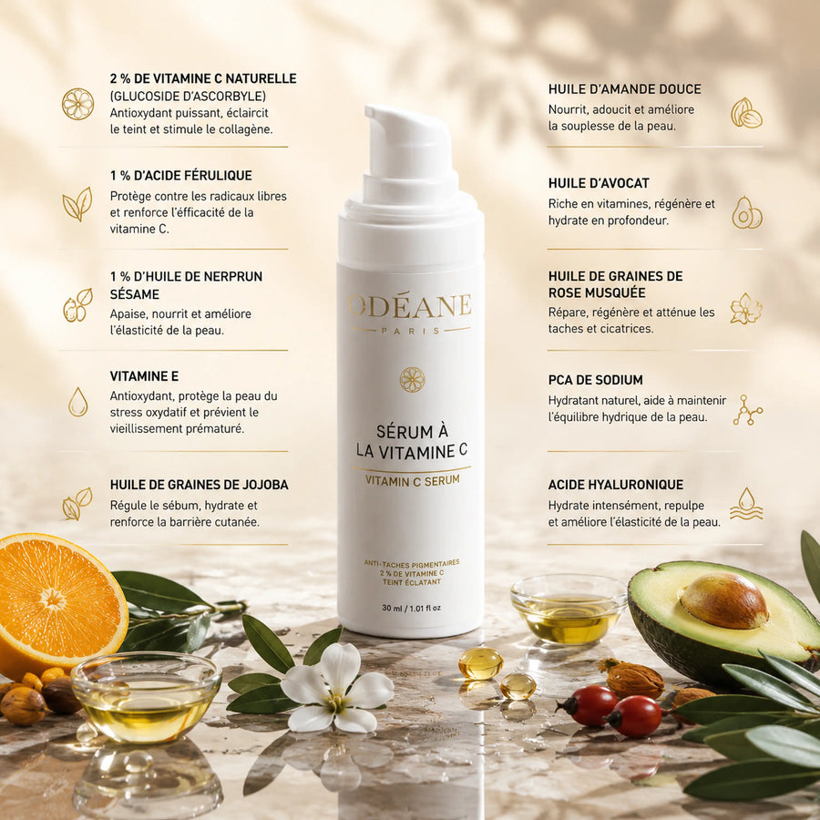 Sérum ODÉANE avec textes présentant vitamine C, acide férulique, vitamine E, huiles végétales, sodium PCA et acide hyaluronique.