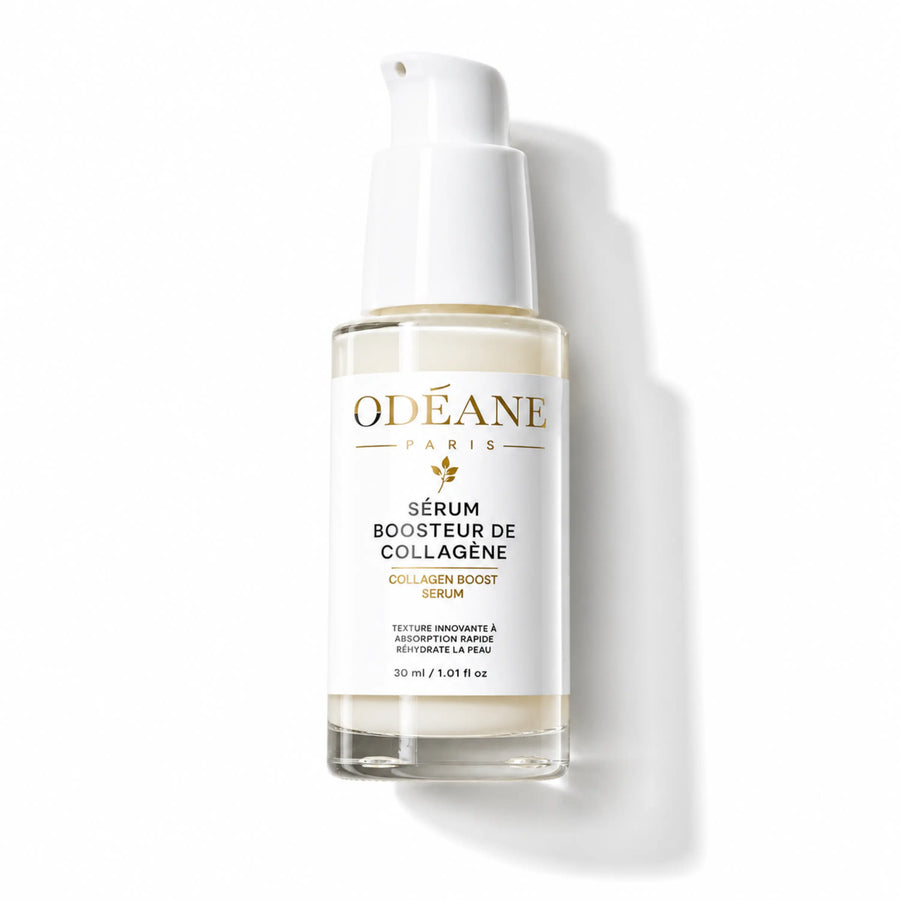 Flacon-pompe de Sérum Boosteur de Collagène ODÉANE, 30 ml, sur fond blanc.