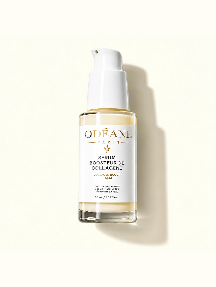 Flacon-pompe de Sérum Boosteur de Collagène ODÉANE, 30 ml, sur fond clair.