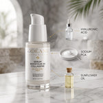 Sérum Boosteur de Collagène ODÉANE avec éléments légendés en anglais acide hyaluronique, sodium PCA et huile de tournesol.