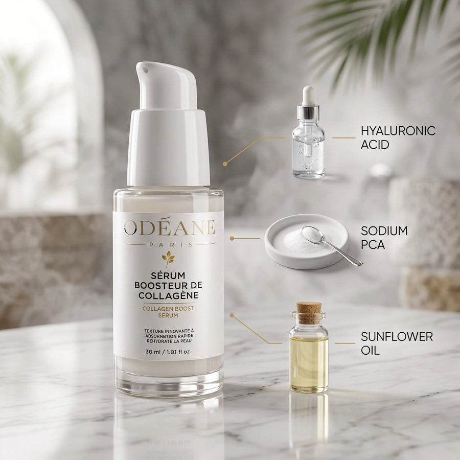 Sérum Boosteur de Collagène ODÉANE avec éléments légendés en anglais acide hyaluronique, sodium PCA et huile de tournesol.
