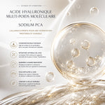 Visuel légendé acide hyaluronique multi-poids moléculaire et sodium PCA, avec représentations moléculaires et textes sur l'hydratation.