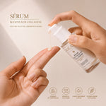 Mains distribuant le sérum ODÉANE sur un doigt, avec textes annonçant hydratation, collagène, lissage et texture légère.
