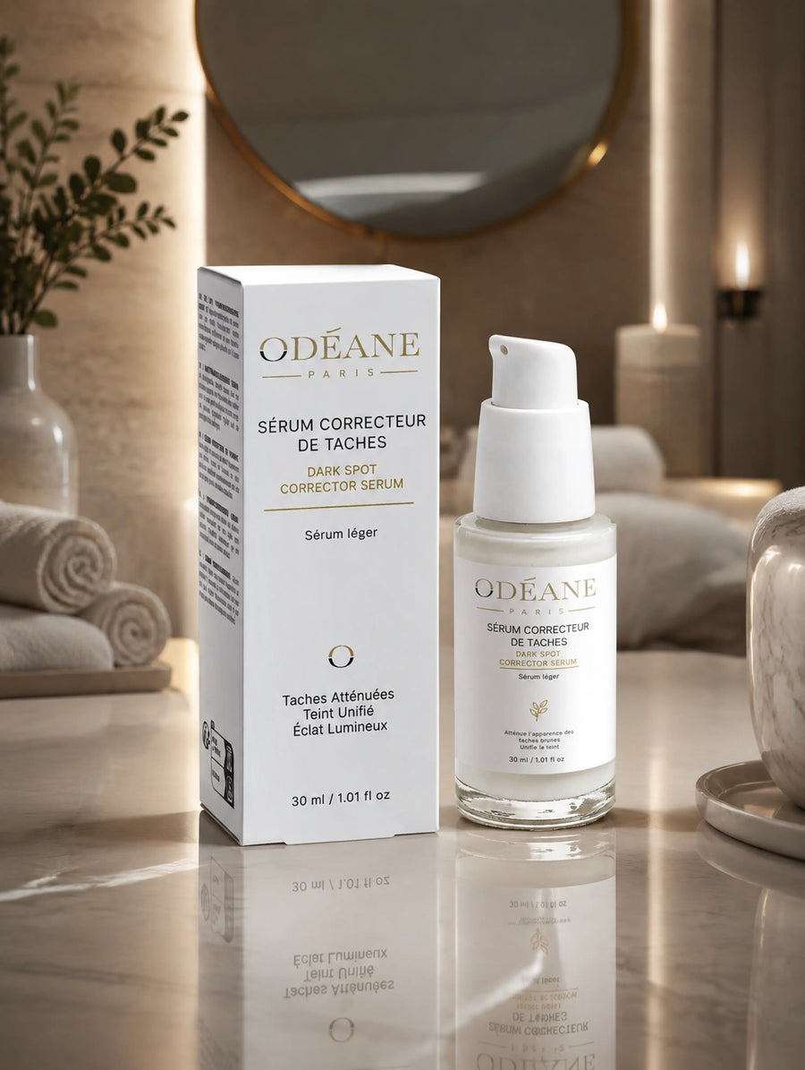 Sérum Correcteur de Taches ODÉANE, flacon et étui de 30 ml sur du marbre, près de serviettes et d'un miroir.