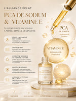 Visuel intitulé PCA de sodium et vitamine E, avec pipette dorée, flacon et textes annonçant réduction des taches, hydratation, protection et amélioration de la texture.