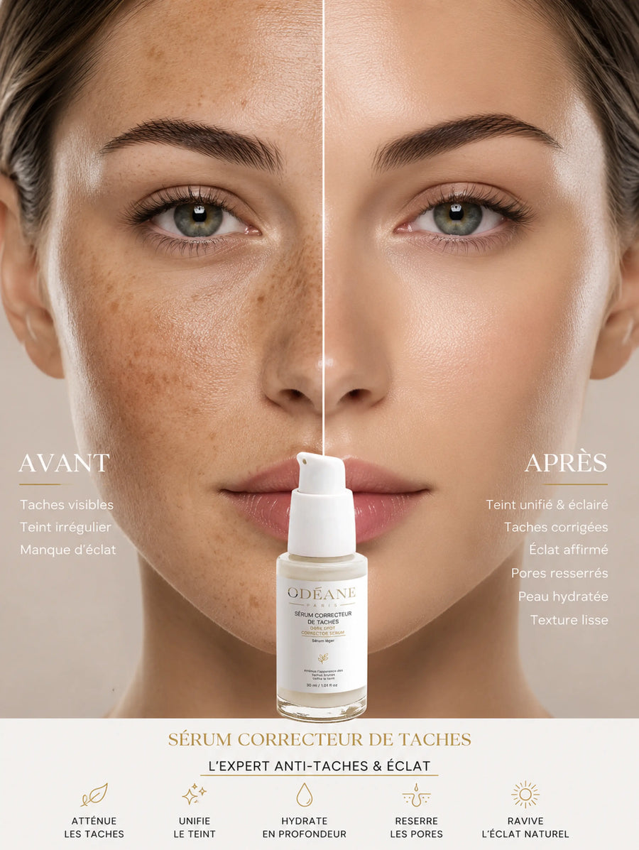 Visage divisé en avant et après, avec sérum ODÉANE et textes annonçant correction des taches, teint unifié, pores resserrés, hydratation et texture lisse.