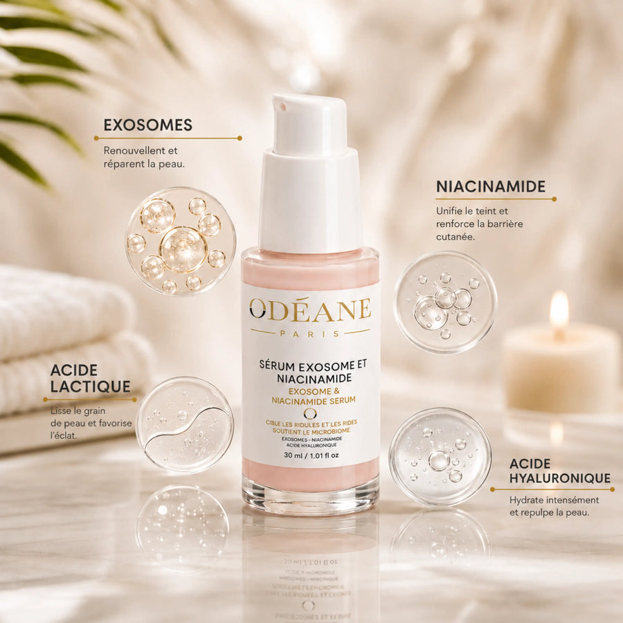 Sérum ODÉANE avec représentations légendées exosomes, niacinamide, acide lactique et acide hyaluronique.