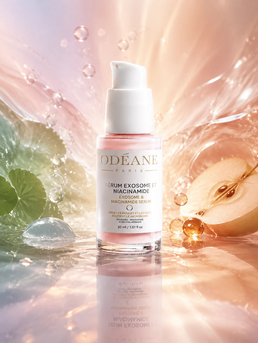 Sérum Exosomes et Niacinamide ODÉANE, 30 ml, avec pomme, feuilles et éclaboussures sur fond rose et doré.